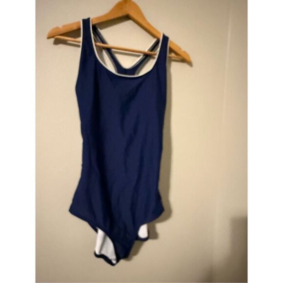 Speedo Women's Size L One Piece Swimsuit Dark Blue Sporty Keyhole Racerback - Picture 4 of 7